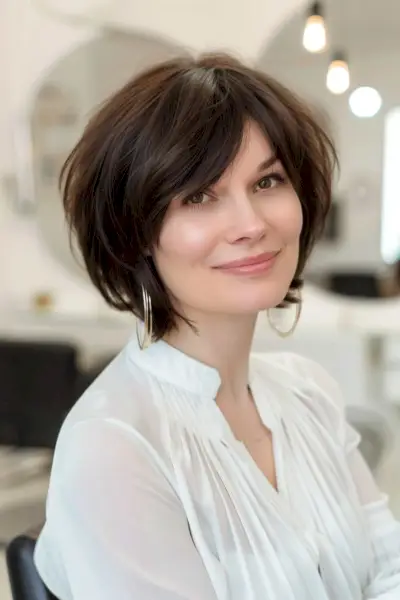 Straight bullet bob with side bangs and jaw-length cut