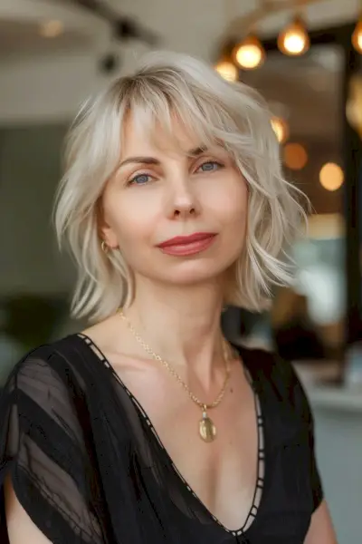 Blonde bullet bob with choppy layers and curtain bangs