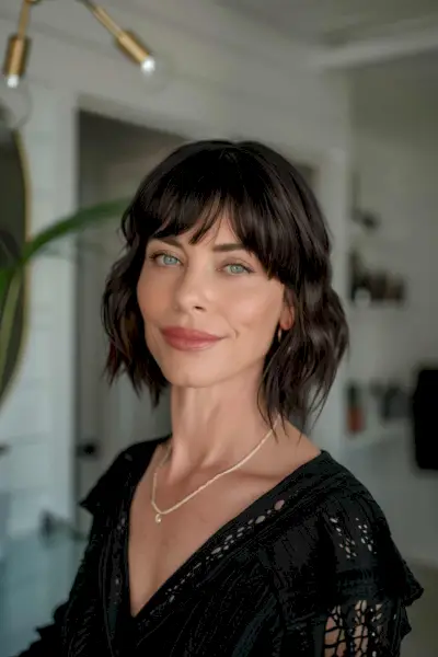 Bullet bob with sleek soft waves and wispy bangs
