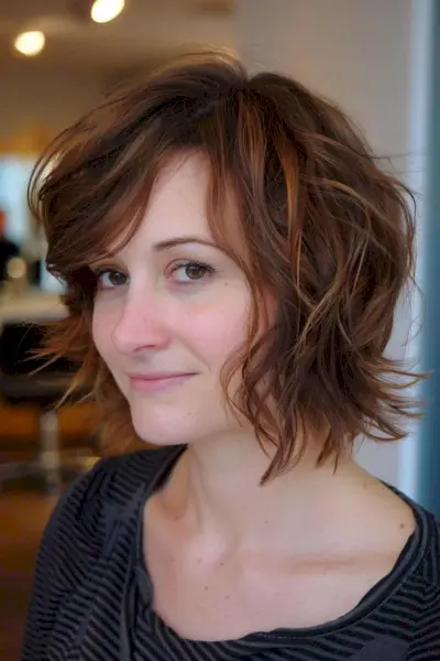 Shaggy bullet bob with textured layers and wispy bangs