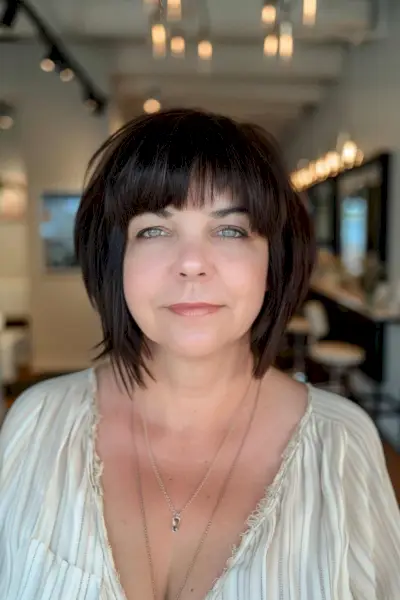 Neck-length layered bullet bob with blunt bangs and added volume