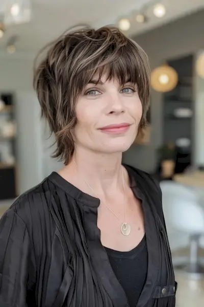 Short choppy bullet bob with piecey bangs and textured layers