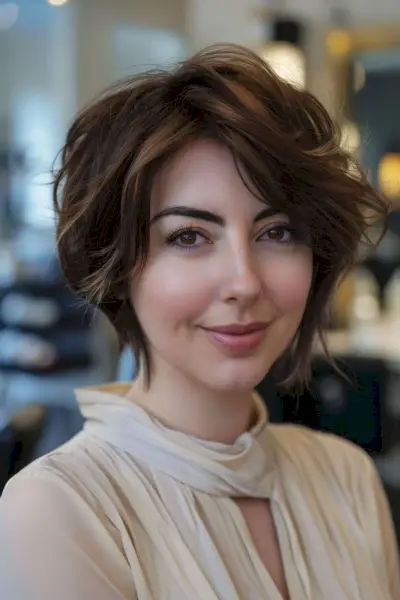 Short-length bullet bob for oval faces with side-swept bangs