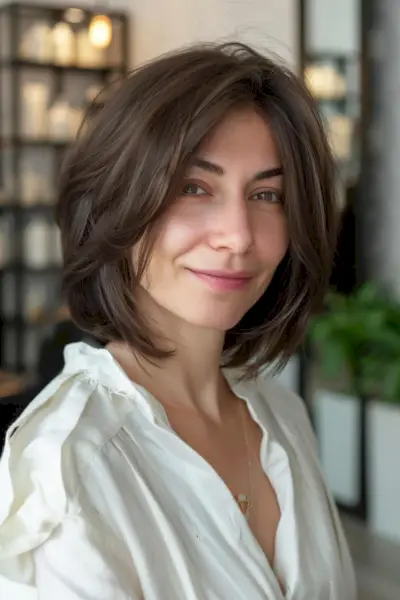 Bullet bob with curtain bangs and a sleek, jaw-length cut