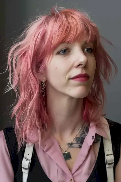 Modern pink bullet bob with tousled waves and vibrant color