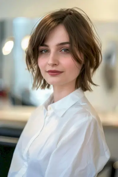 French bullet bob with tousled layers and soft waves