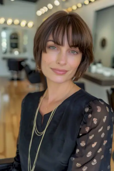 Jaw-length blunt cut bullet bob with blunt bangs for a polished look