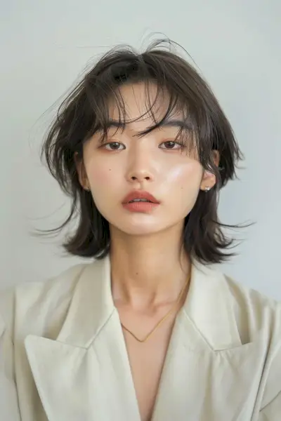 Medium-length Korean bullet bob with feathery layers and wispy bangs