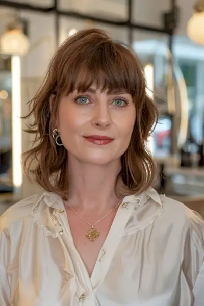 Bullet bob with soft layers and wispy bangs for a delicate look