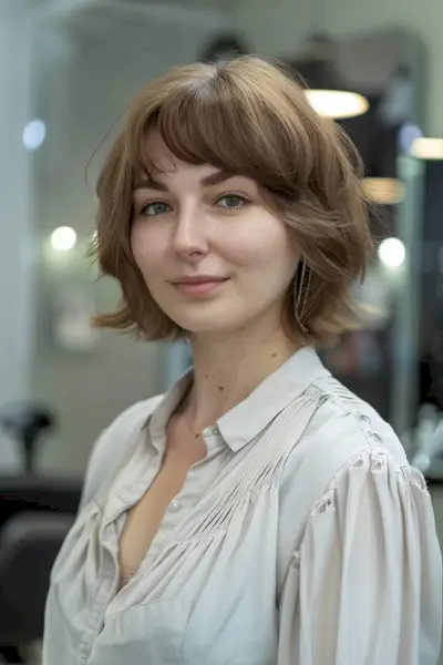 Bullet short bob for round faces with layers and side-swept bangs