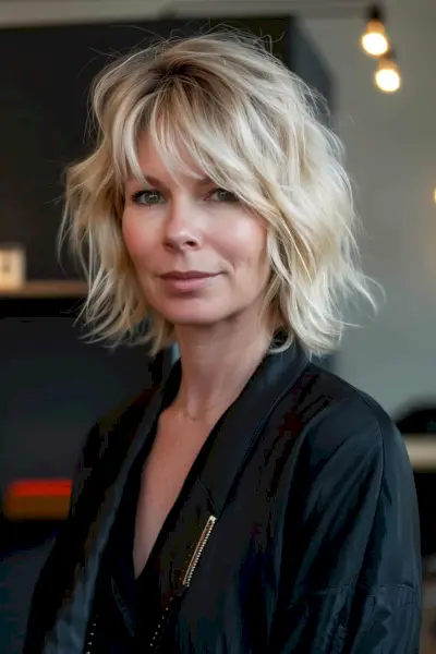 Bullet bob with face-framing layers and soft waves