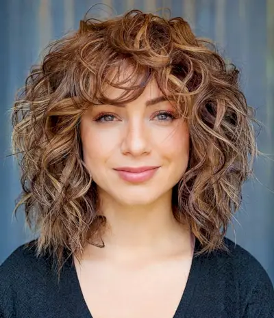Shaggy Lob Cut with Loose Big Curls and Bangs