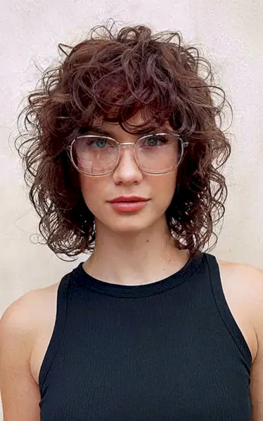 Neck-Length Curly Shag Lob with Bangs