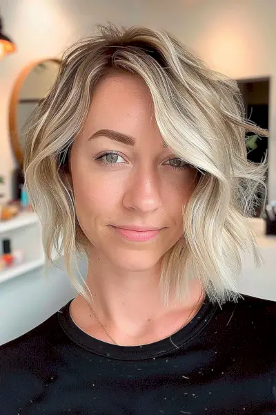 wavy bob with a deep side part and balayage