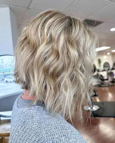 Angled Wavy Blonde Bob with Jagged Ends