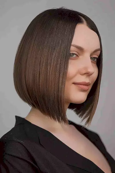Sleek angled blunt bob haircut with sharp edges and glossy finish