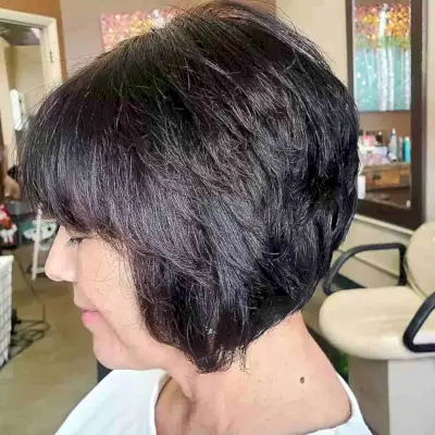 Dark Brown A-Line Stacked Cut with Highlights and Bangs