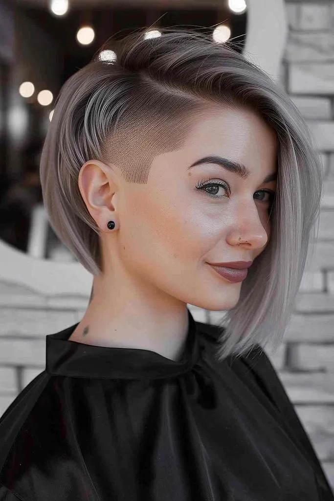 Bob corto y elegante con afeitado lateral dramático para tipos de cabello fino a mediano, perfecto para rostros ovalados y con forma de corazón.' title=