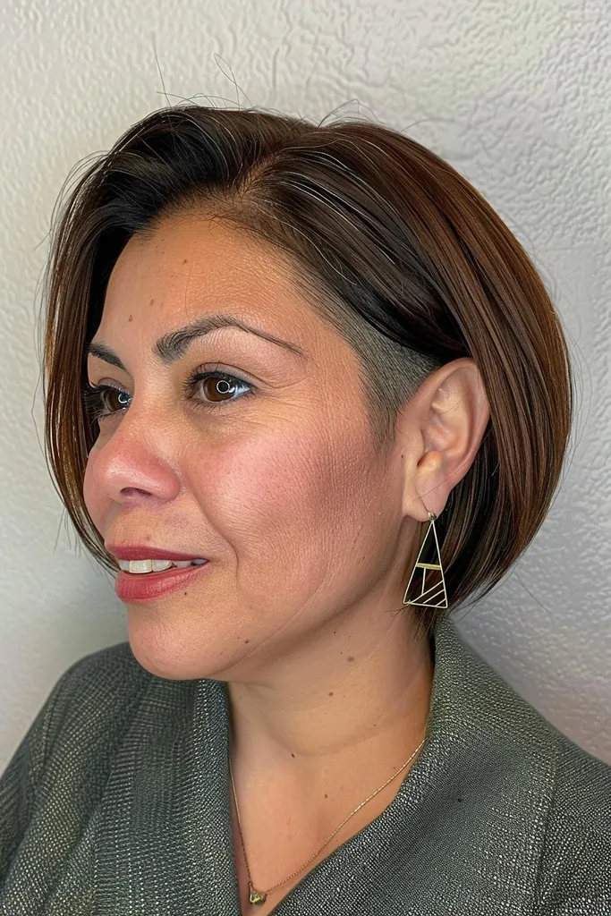 Bob recortado asimétrico con reflejos caramelo y nuca cónica' title=