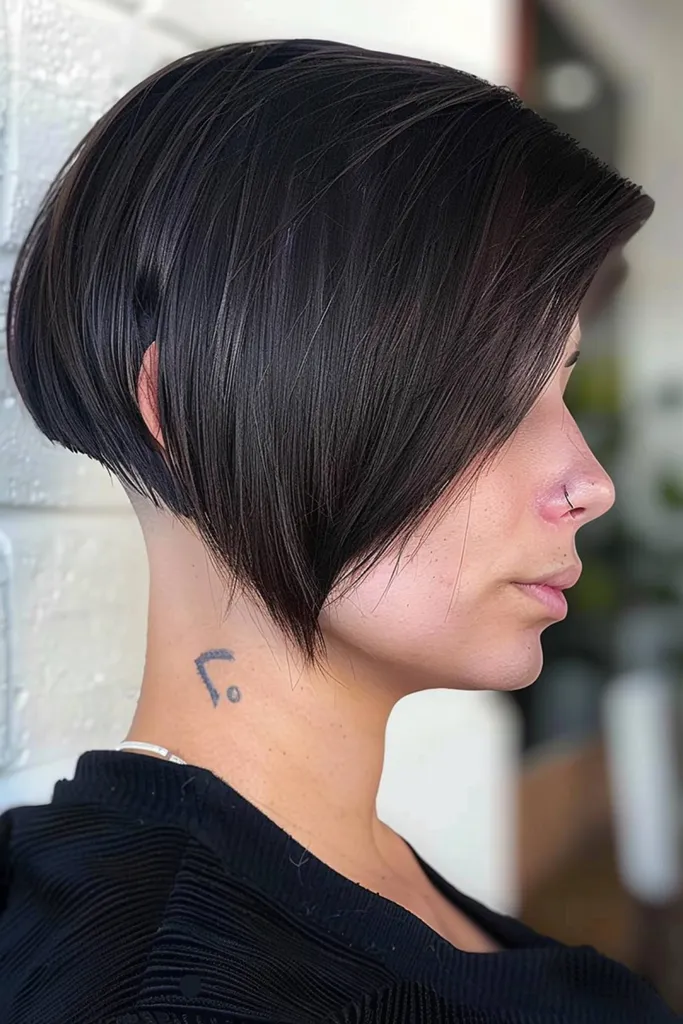 Corte de pelo Bob recortado en ángulo en cabello liso y grueso con brillo' title=