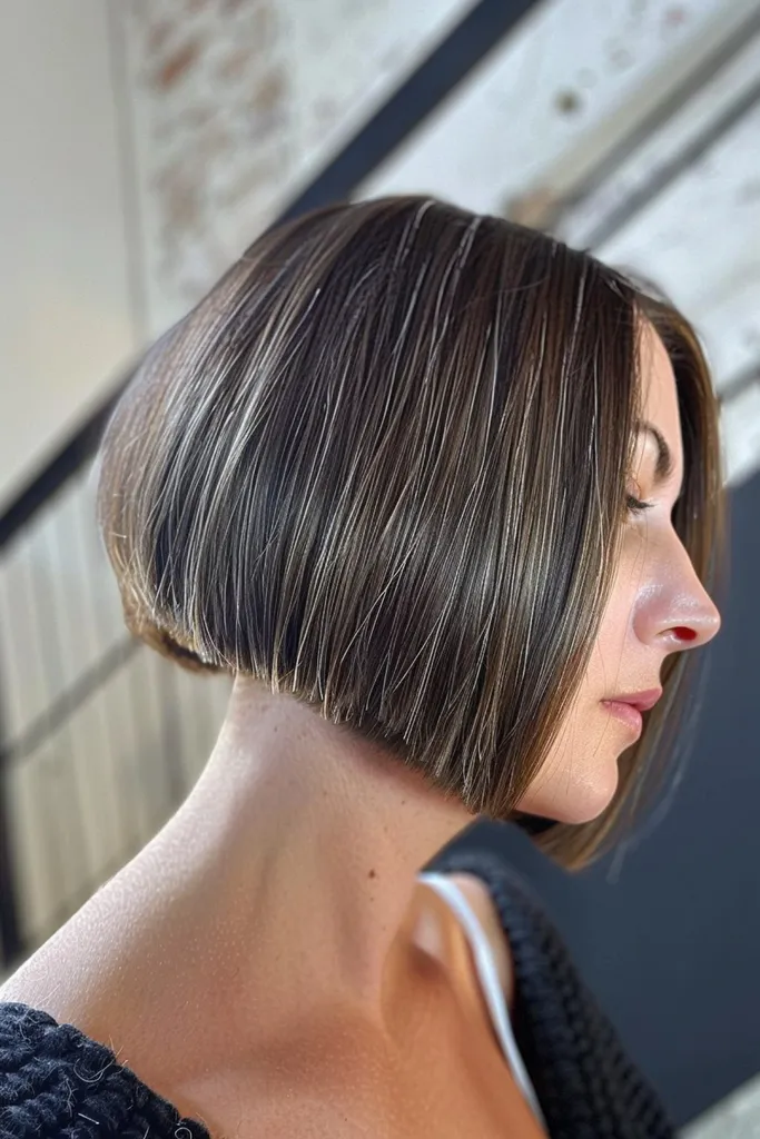 Bob Balayage elegante con corte oculto' title=