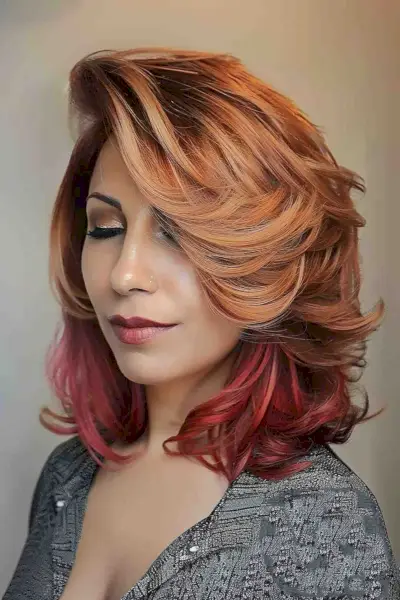 Lovely feathered hair cut with copper and pink layers for medium-length hair. 