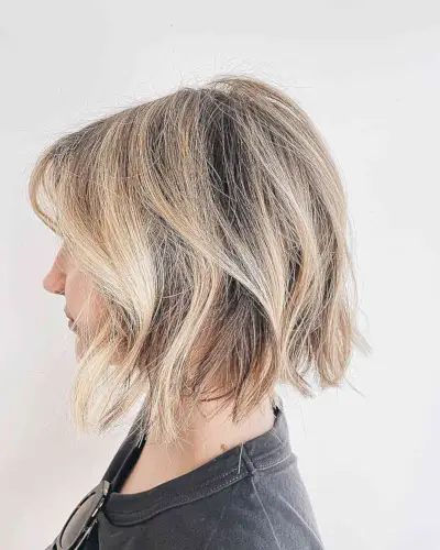 Dimensional Razor Cut Bronde Bob with Soft Waves