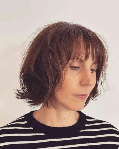 Razor Cut Brunette Bob with Thin Bangs Style with Flipped Ends