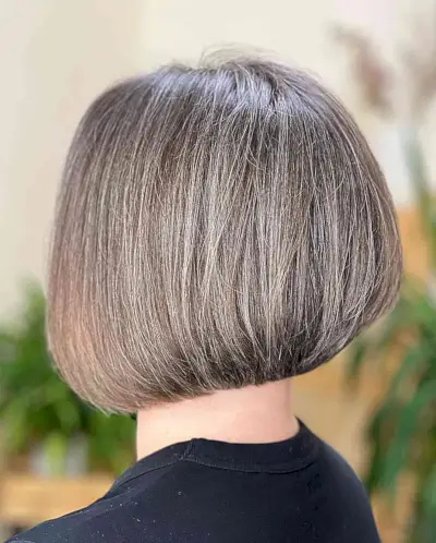 Short Rounded Stacked Bob Cut with Mushroom Brown Hue