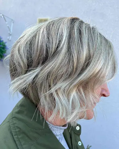 Textured Chin Bob with Razored Layers and Dimensional Cool Bronde Color
