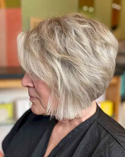 Short Graduated Textured Bob with Crown Layers and Side Bangs for Older Women