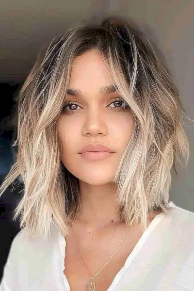 Woman with a choppy layered lob featuring brunette to blonde balayage
