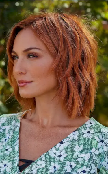 Golden Copper Choppy Lob with a Side Part