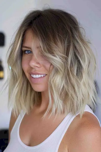 Long layered choppy bob with beachy waves and balayage from dark roots to platinum blonde tips. 