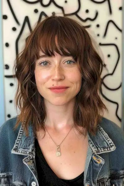 Long choppy bob with textured layers and full bangs for medium to thick wavy hair.