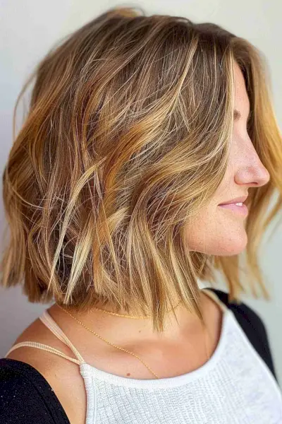 Profile view of a woman with a choppy lob haircut featuring balayage highlights