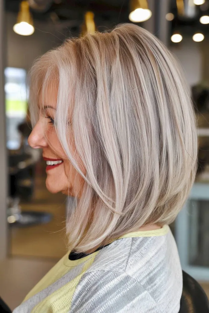 Eleganten bob A-linije z mehkimi plastmi, ki poudarijo polnost in lepo uokvirijo obraz' title=