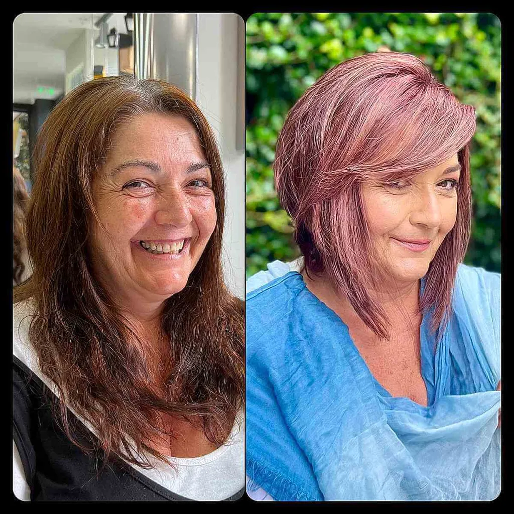 Inverterad Bob med rosa sidsvept lugg' title=