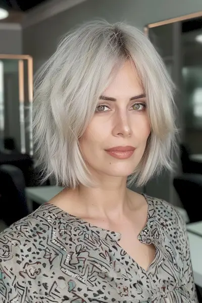 Bob with layers and curtain fringe haircut in platinum blonde