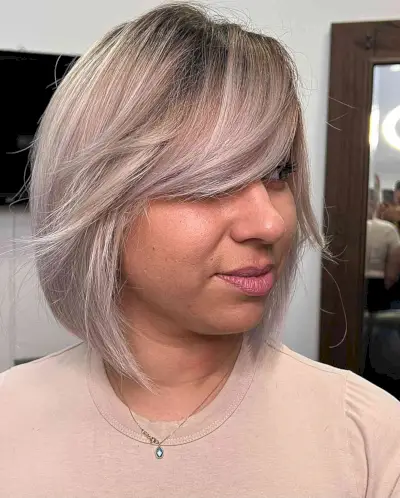 Graduated Silver Blonde Lob with Sweeping Bangs