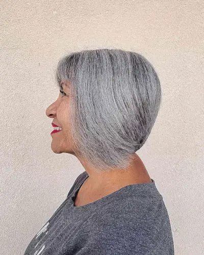 Neck-Length Straight Graduated Bob with Bangs for Senior