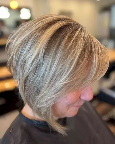 Icy Blonde Stacked Graduated Bob with Long Bangs on Fine Hair