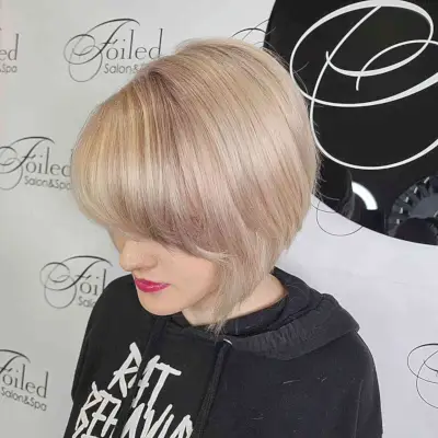 Chin-Grazing Sandy Blonde Layered Graduated Bob with Fringe