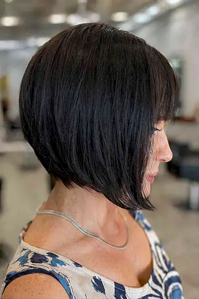 Jet Black Layered Bob with Fringe for women with short hair