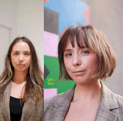 Layered bob haircut with wispy bangs