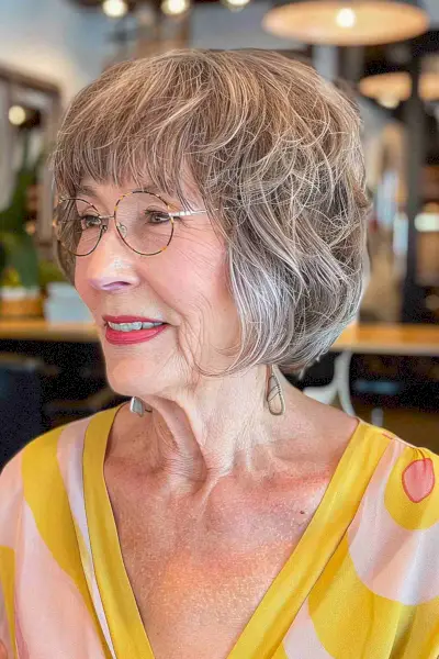 Tousled bob with bangs for older women with glasses, featuring soft, wispy layers and a youthful, face-framing cut.