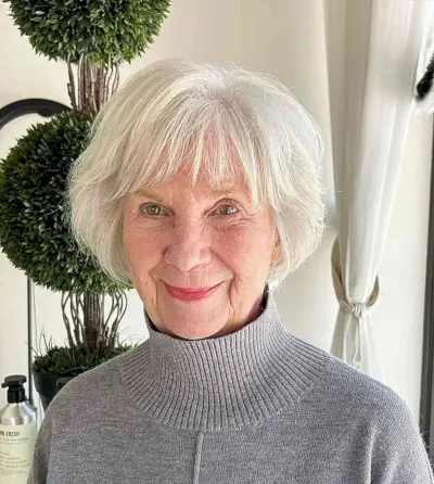 Modern and Classic Bob with Bangs and Layers for senior ladies with white hair
