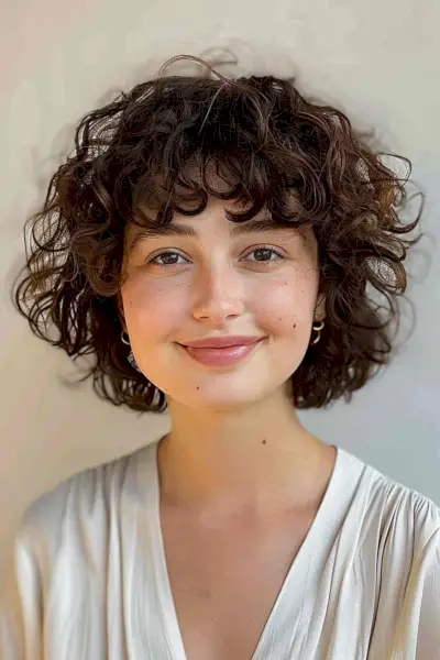 Short curly bob with layers and fringe for thick, naturally curly hair