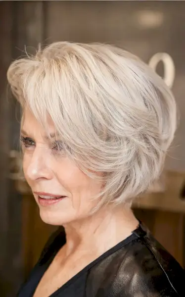 Jaw-Length Feathered Bob with Bangs for Older Women