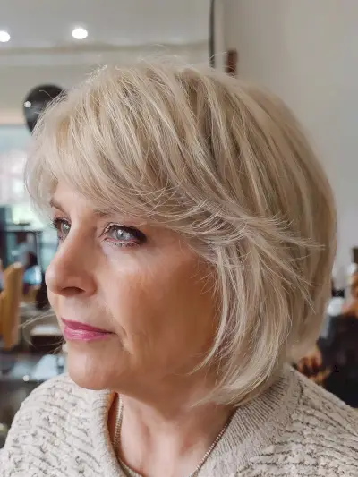 Layered Bob with White Blend Regrowth and Bangs for older women